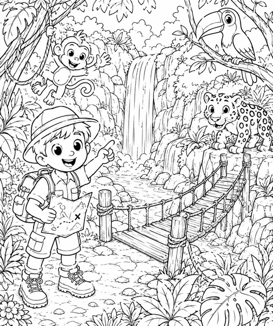 Printable Jungle Explorer Adventure colouring page for kids