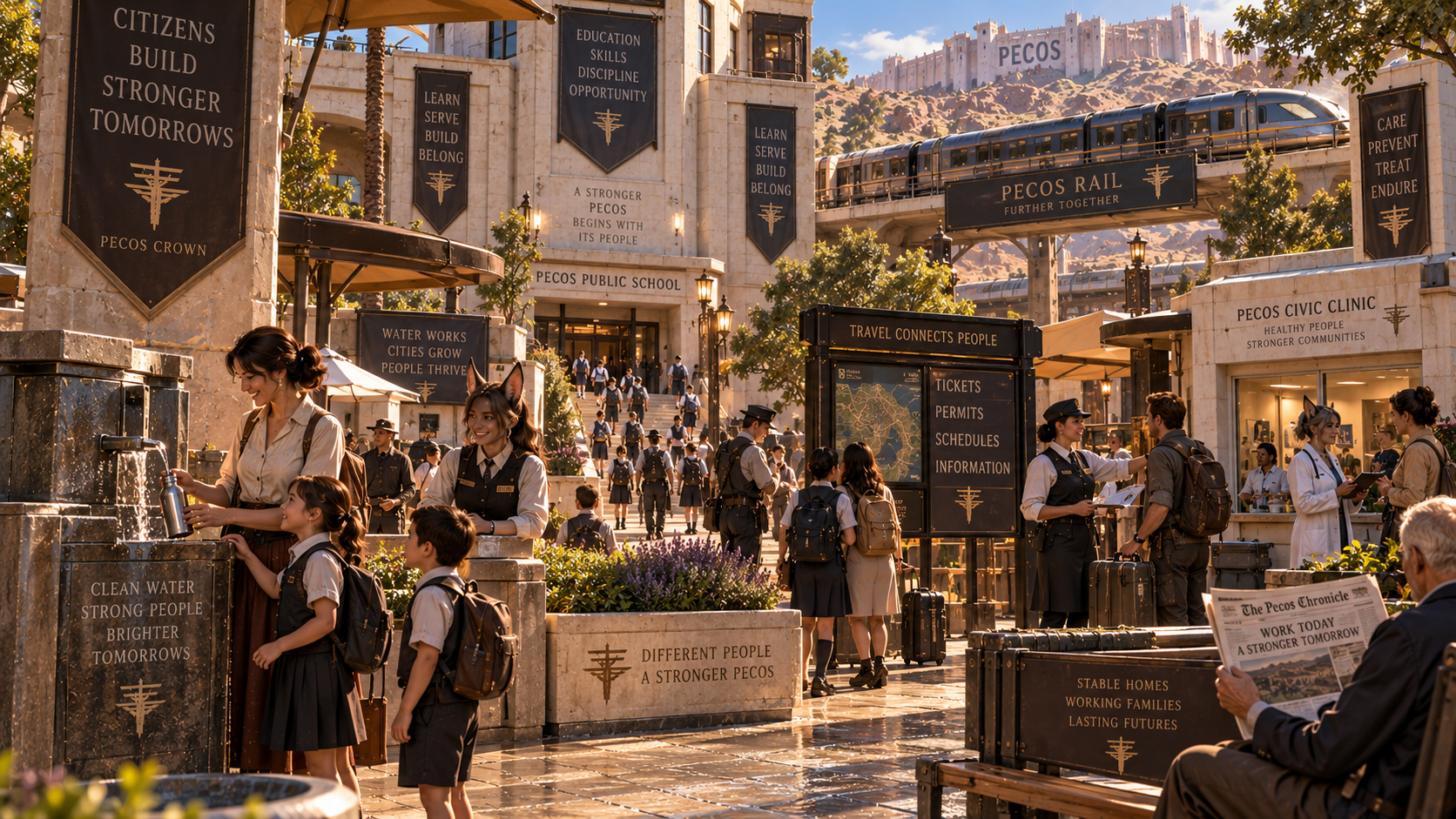 Idealized civic prosperity for recognized humans in the Pecos Crown