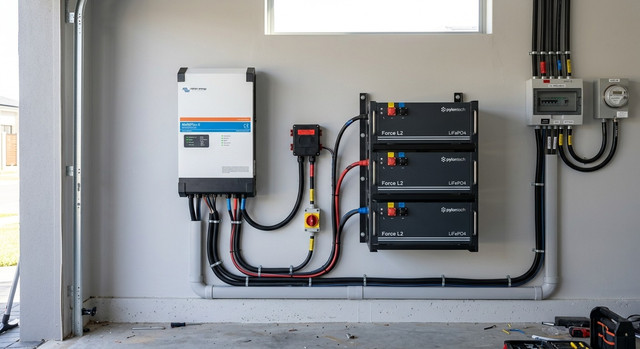 A hybrid inverter and LFP battery pack mounted on a garage wall.