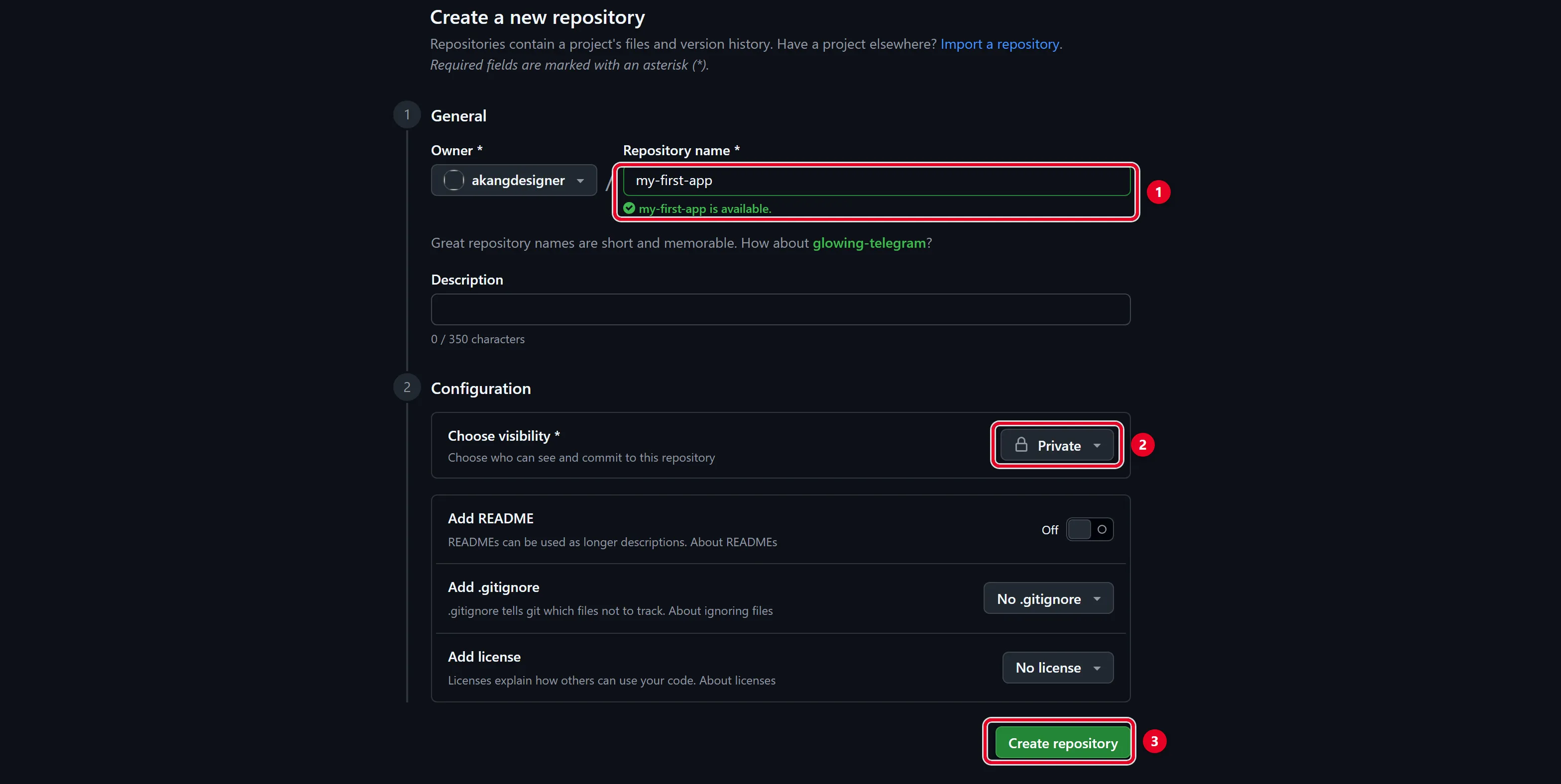 GitHub 建立新 Repository 的實際頁面，紅框標示命名欄位、Private 選項與 Create repository 按鈕