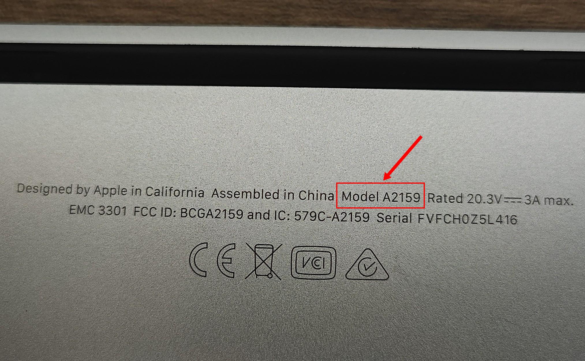 How to find your MacBook model number - Example A2159