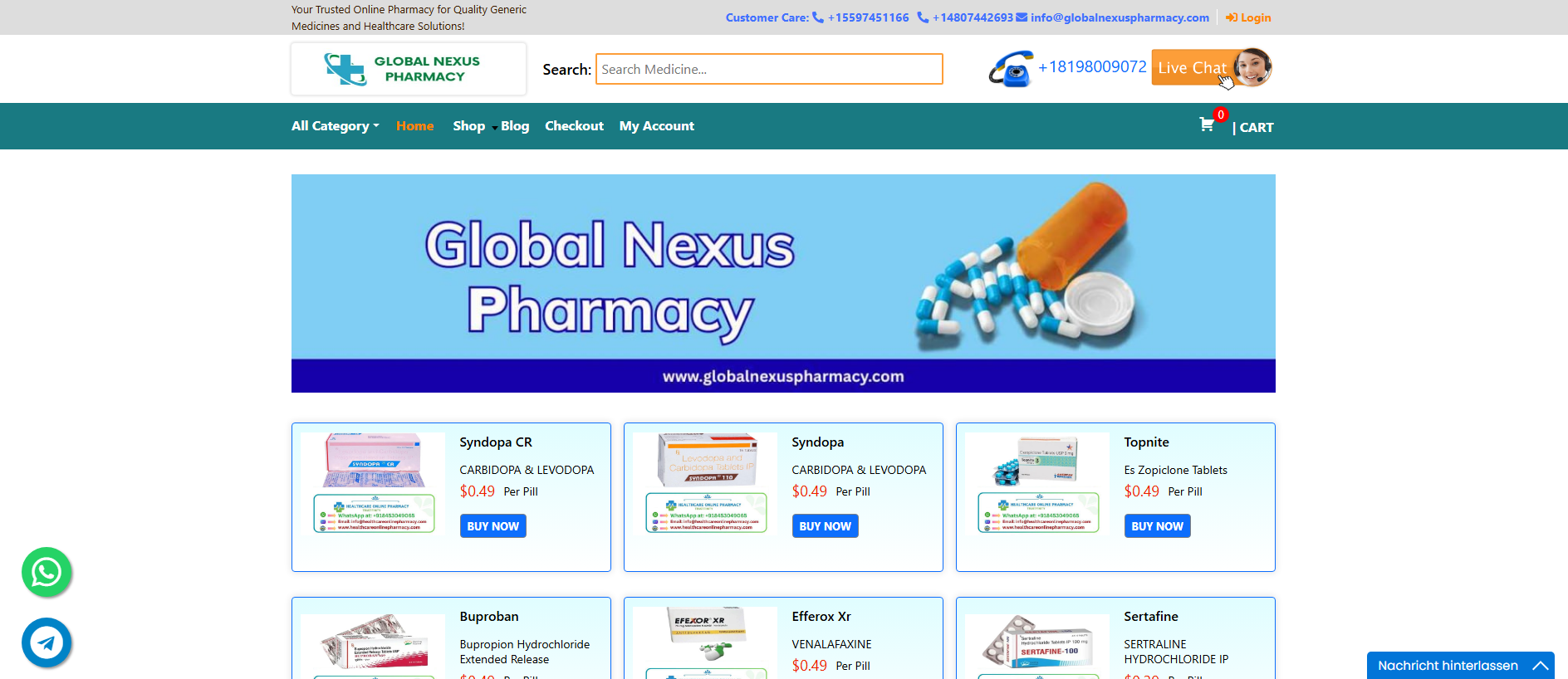 Forensic screenshot of globalnexuspharmacy.com showing the phishing page layout