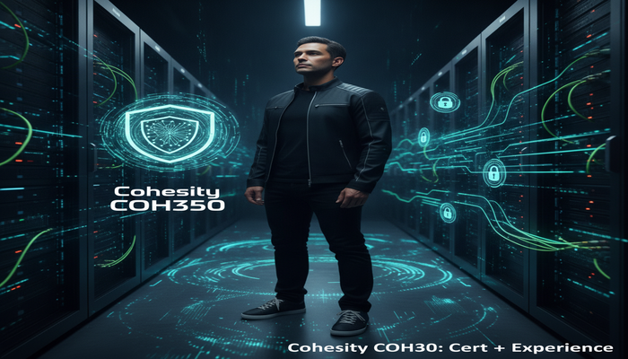 Cohesity COH350: Cert + Experience A cybersecurity professional in a secure data center, with digital elements representing certification and experience merging, highlighting the Cohesity COH350 path.