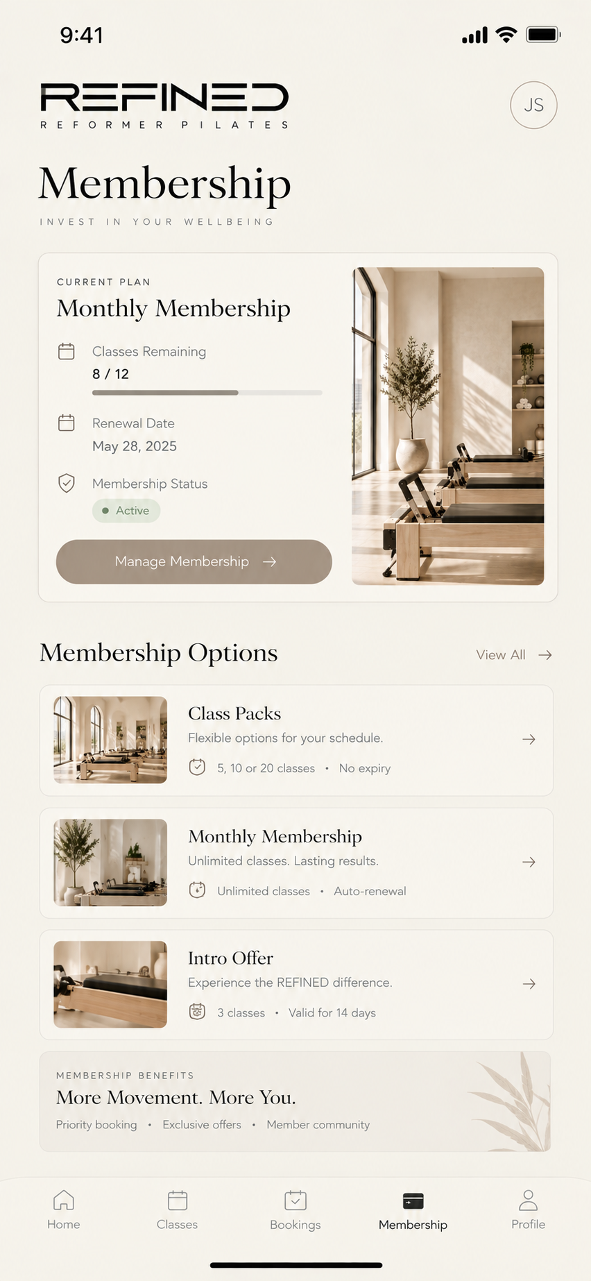 Membership screen with plan and benefits