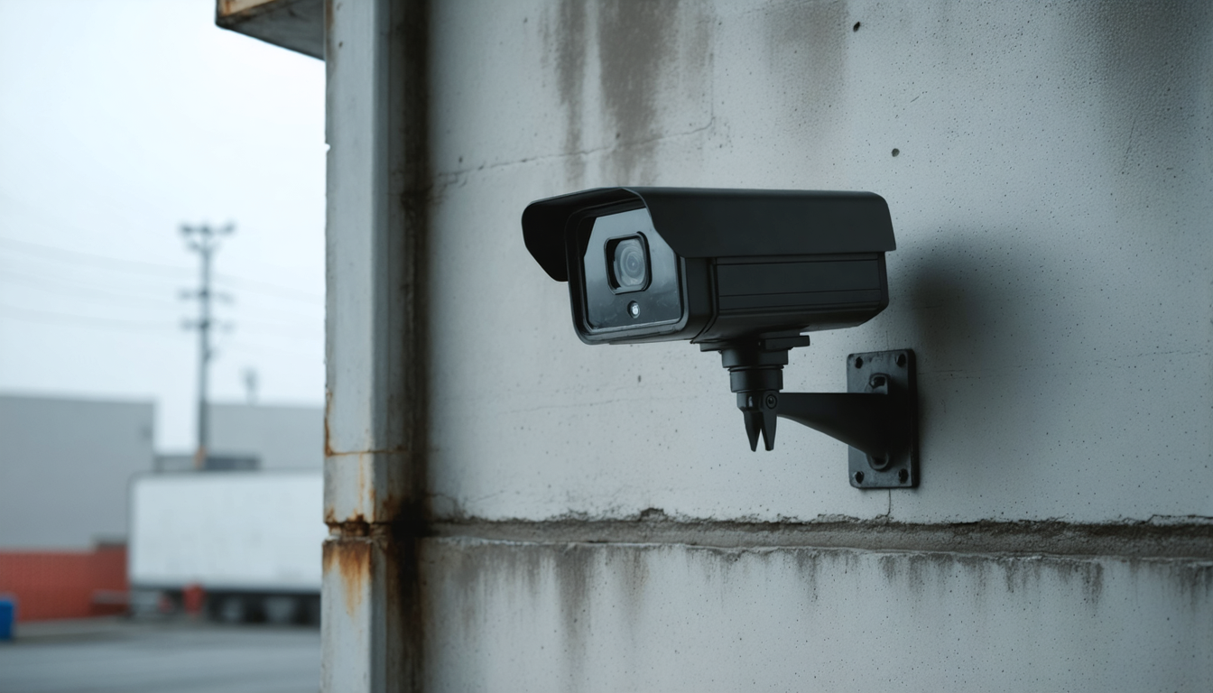 A surveillance camera stares into fog that has already swallowed whatever it was supposed to watch.