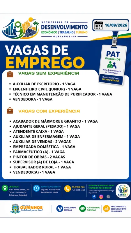 Vagas no PAT Ourinhos; entregar curr&iacute;culo presencialmente