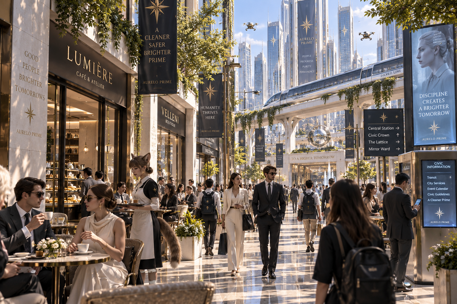 Ordinary daily life in Aurelo Prime, with cafés, public transit, human residents and controlled demi-human attendants.