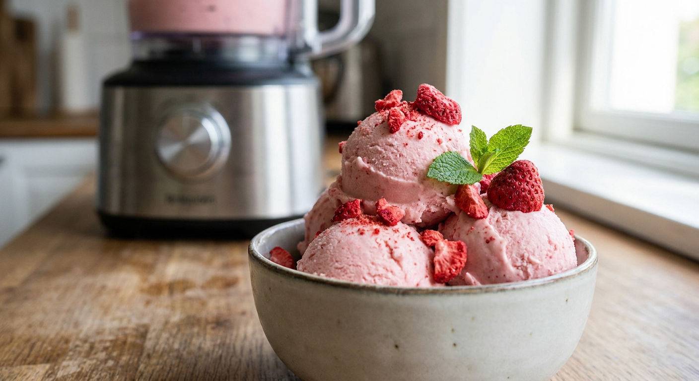 Kremowe lody truskawkowe z liofilizowanymi truskawkami.