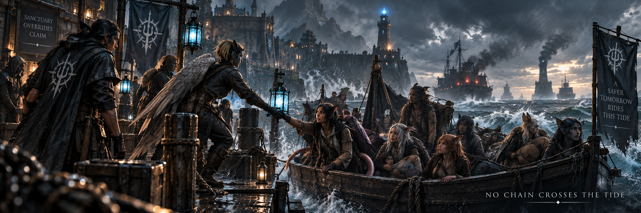 Demi-human refugees reaching sanctuary in Veyrhalden during a violent coastal storm
