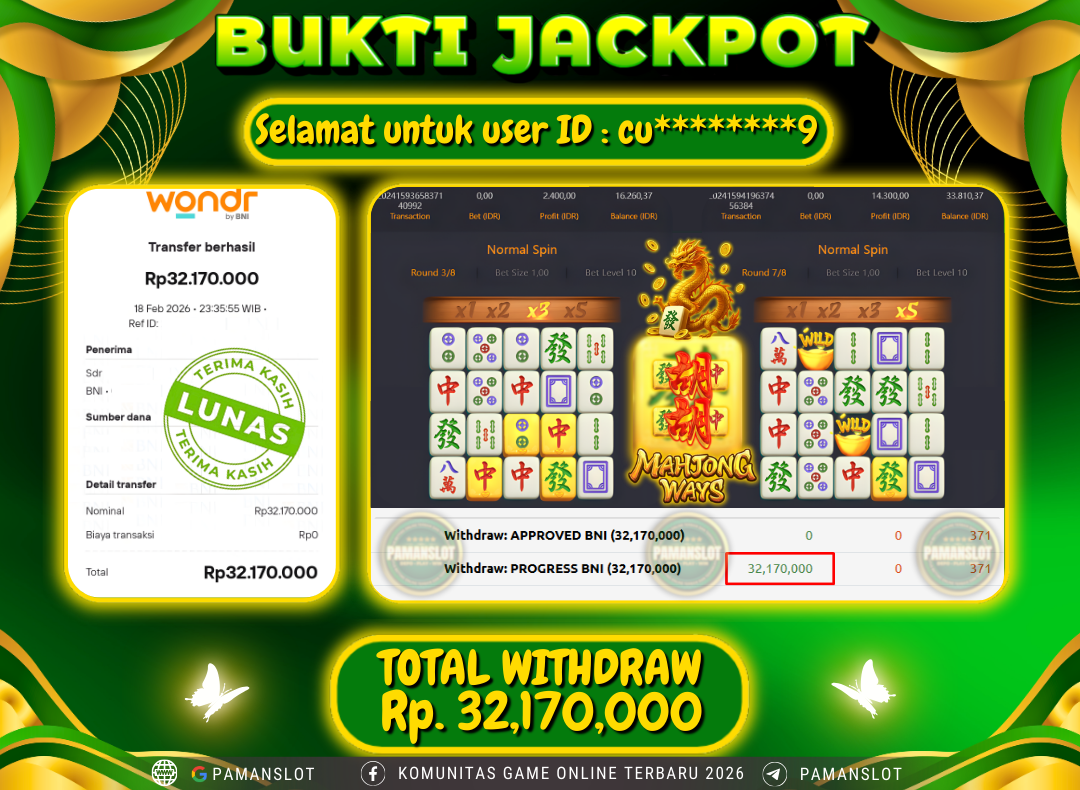 PAMANSLOT JACKPOT Game PG - Mahjong Ways  Rp.32,170,000- LUNAS