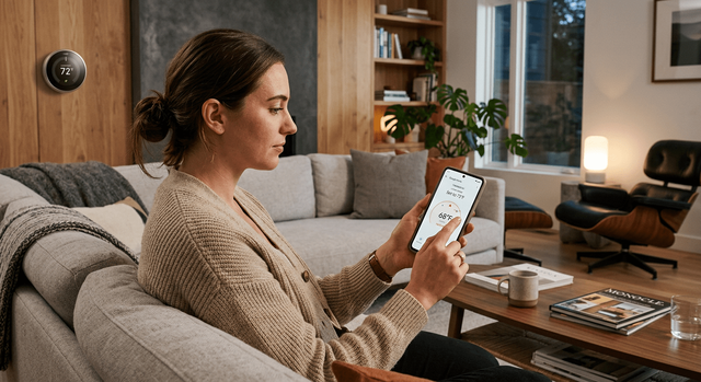 A person using a smartphone app to control a smart thermostat.