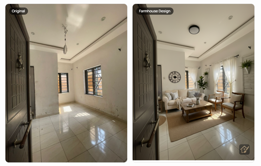 farmhouse living room design before and after empty room transformation AI Nigeria