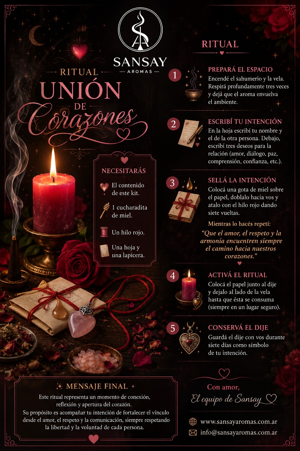 Ritual impreso Uni&oacute;n de Corazones Sansay Aromas