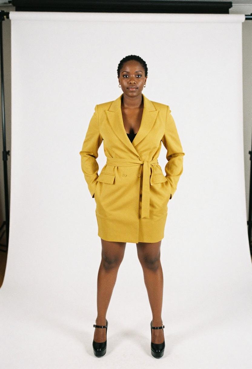 Mustard yellow blazer dress with platform Mary Janes for a confident office statement