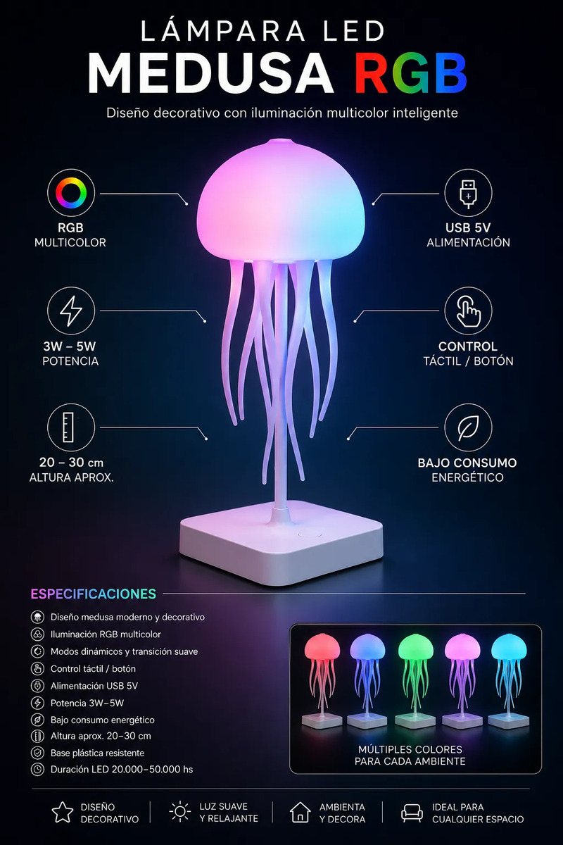 Caracter&iacute;sticas de la l&aacute;mpara medusa RGB con alimentaci&oacute;n USB 5V