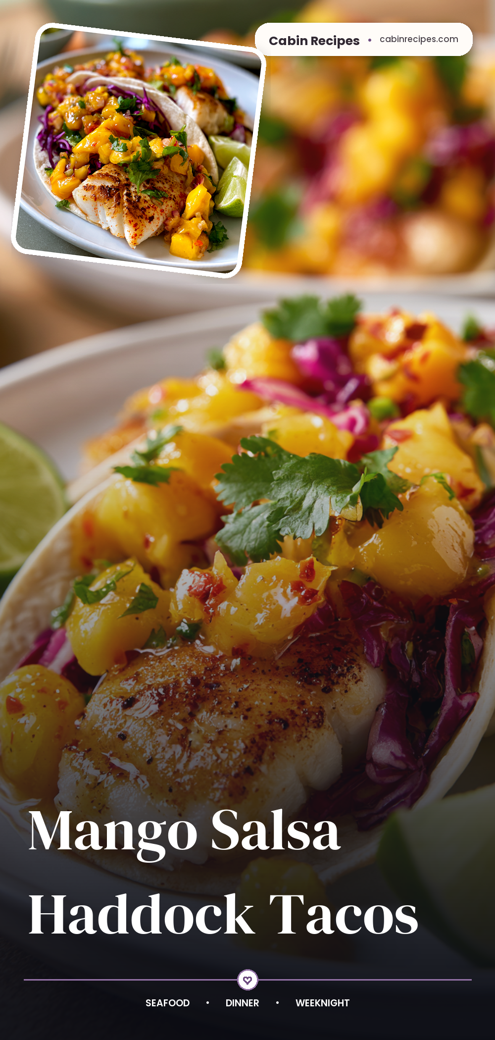 Pinterest graphic for Mango Salsa Haddock Tacos