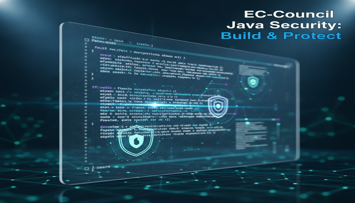 EC-Council Java Security: Build & Protect A futuristic digital display showing secure Java code with glowing cybersecurity shields, representing advanced application security and protection for the EC-Council 312-96 exam.