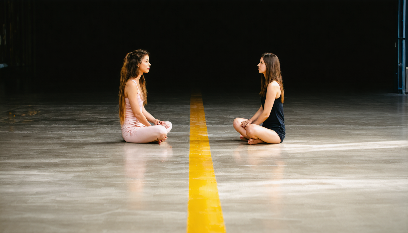 Two women seated on opposite sides of a thin painted line on a concrete studio floor, facing each other with deliberate posture, soft overhead studio lighting.