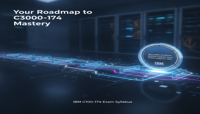 Your Roadmap to C1000-174 Mastery A digital roadmap showing the path to IBM C1000-174 certification, with glowing milestones for syllabus topics like installation, security, and high availability, leading to an IBM Certified Administrator badge. The bold text 'Your Roadmap to C1000-174 Mastery' is visible.