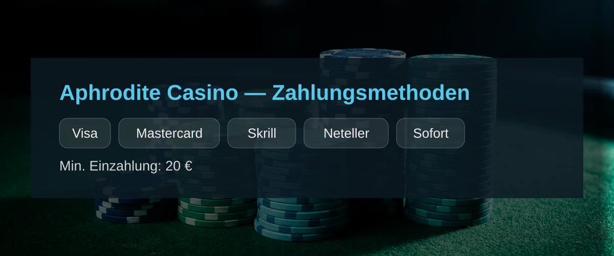 Aphrodite Casino — Zahlungsmethoden: Visa, Mastercard, Skrill, Neteller, Sofort