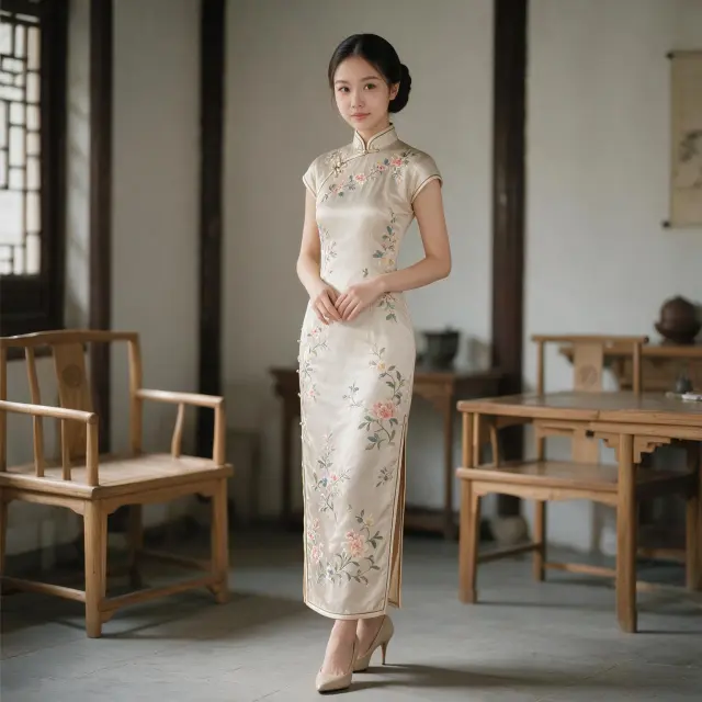 Standing seductively, with hair in an updo, wearing a Qipao with floral embroidery and heels, soft lighting, indoors Chinese house, full body shot.