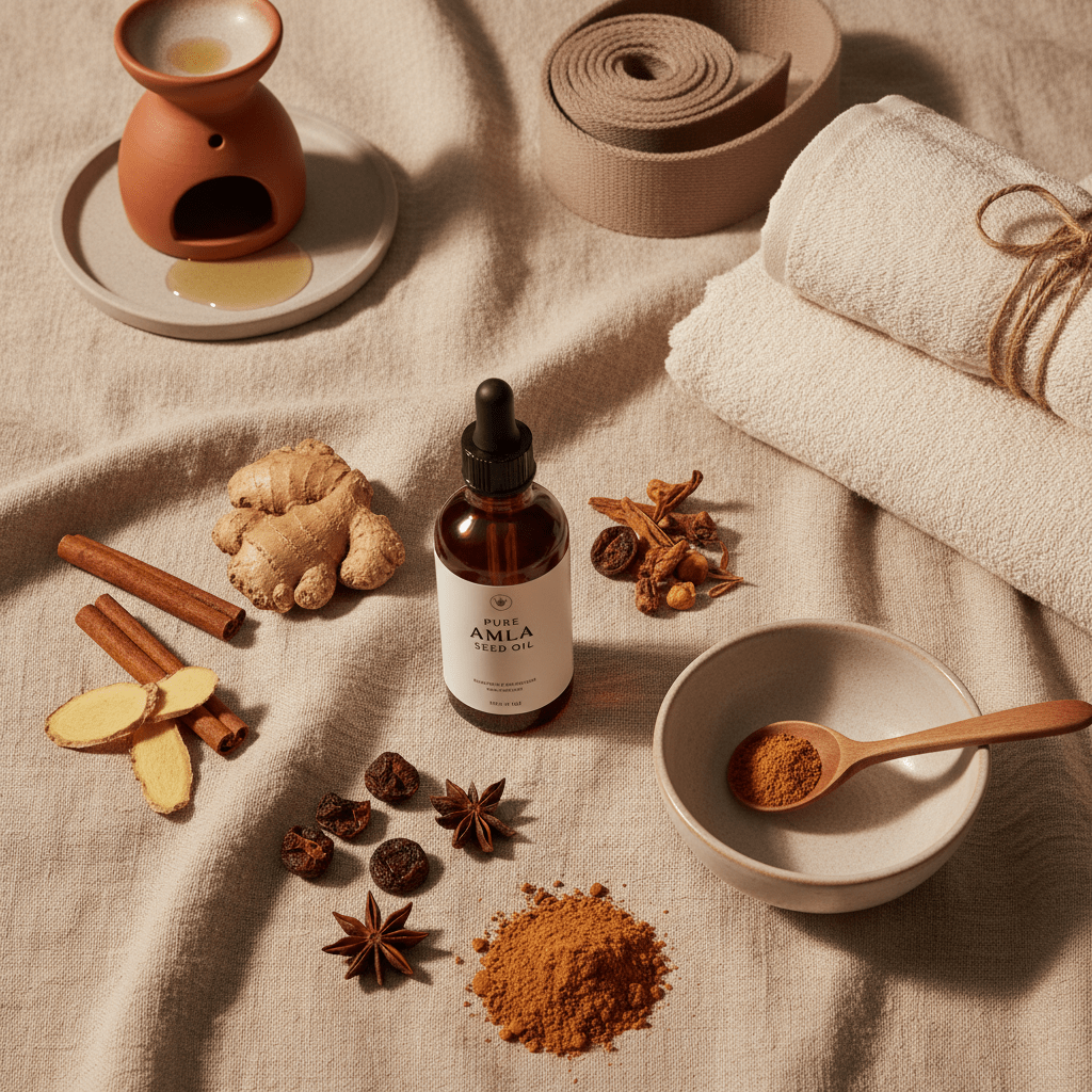 Modern wellness flat lay of pure amla seed oil bottle, herbal ingredients, and a calm routine setup on linen