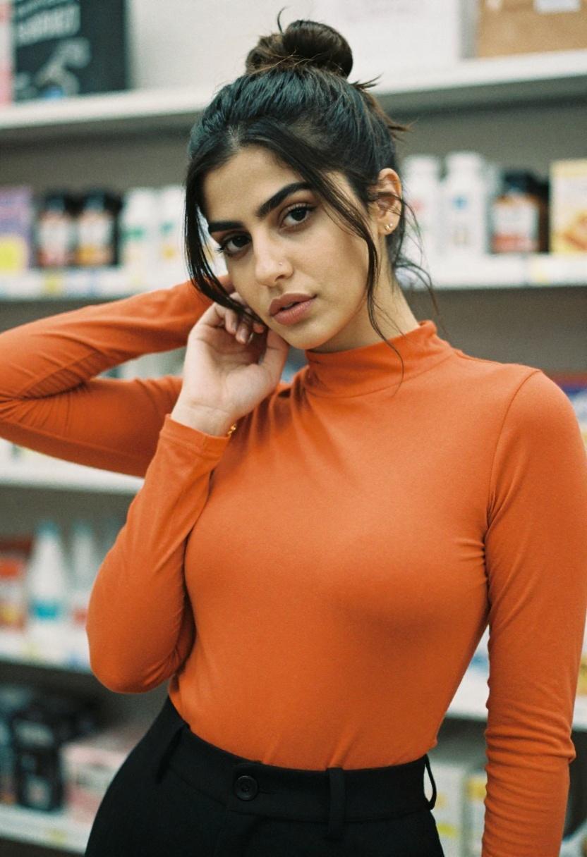 Middle Eastern woman in a tangerine mock neck top with a confident pose and messy bun radiating modern professional style