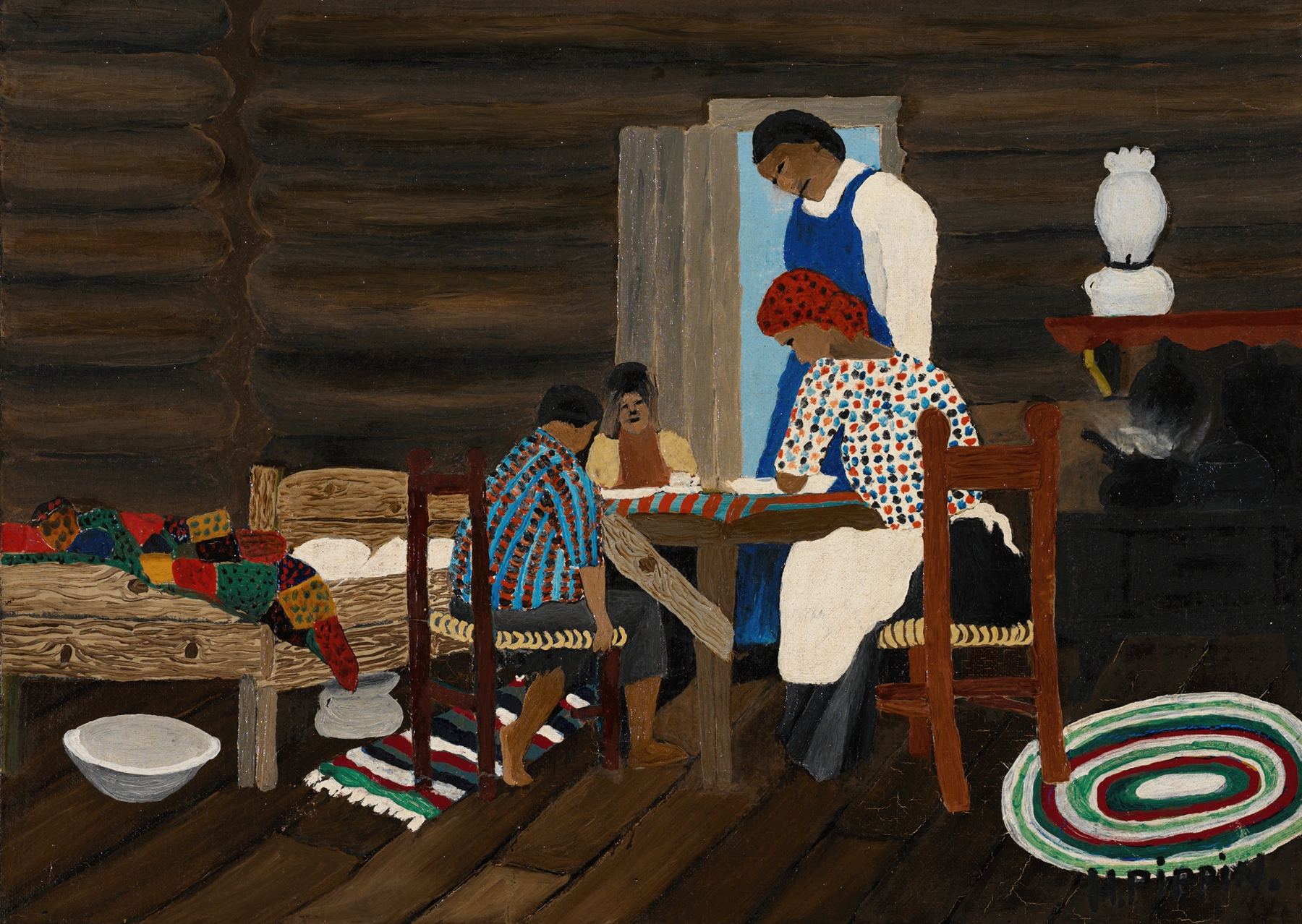 Painting of family saying a prayer of thanks in their home
