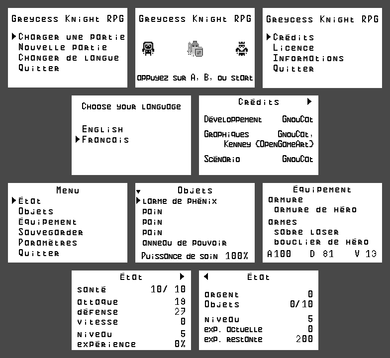 Jeu Greycess Knight RPG les menus