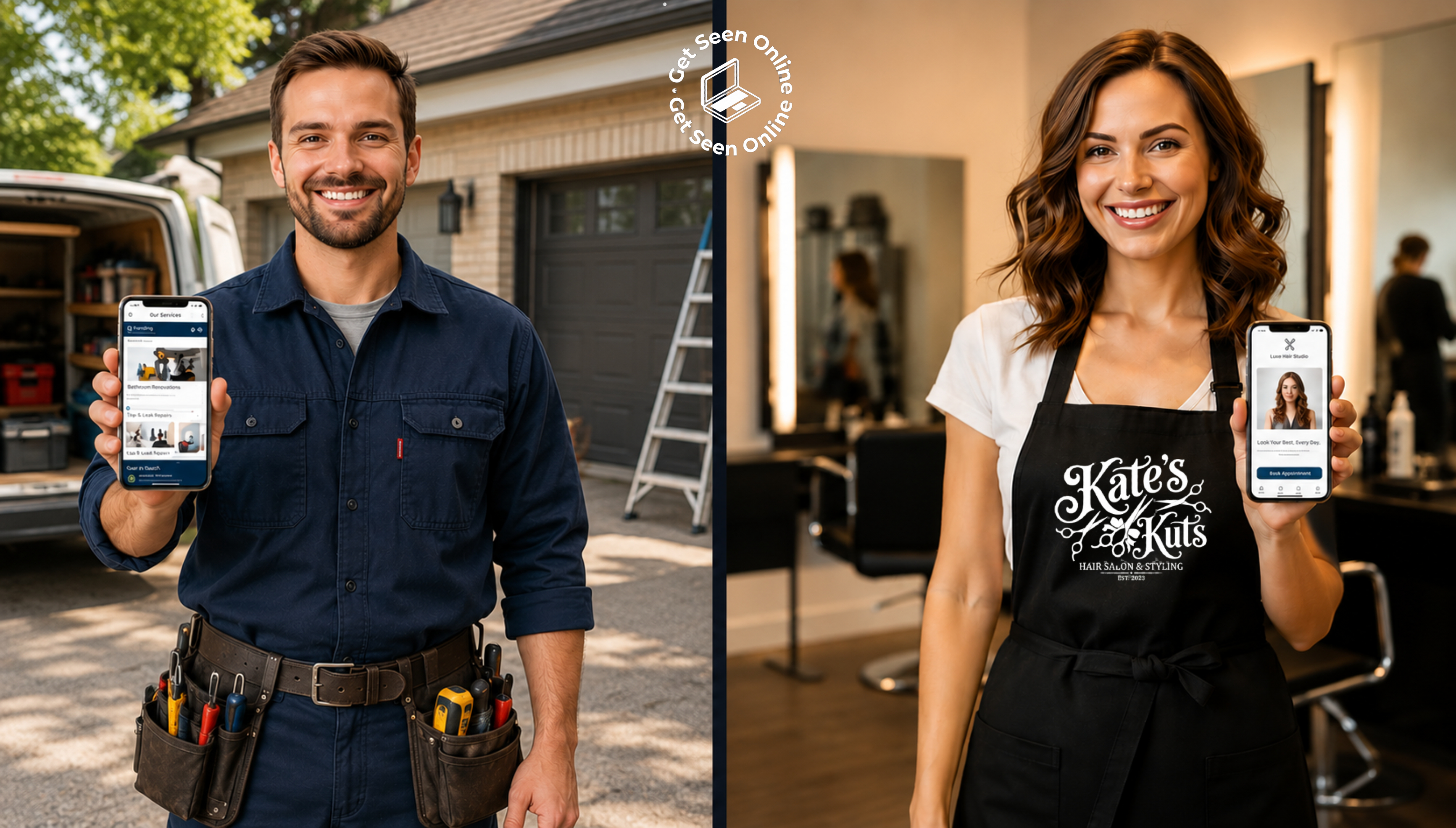 UK tradesperson and hairdresser holding smartphones showing their new professional websites