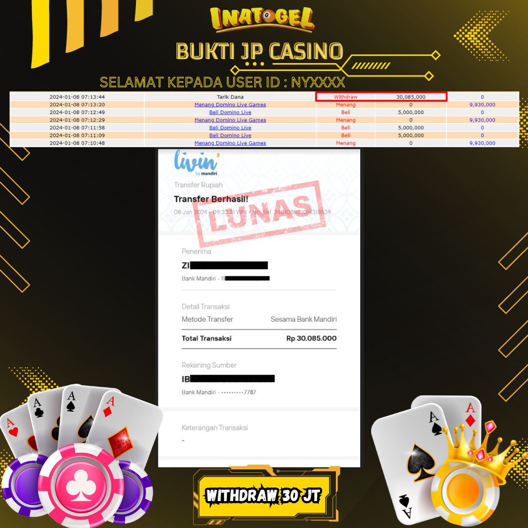 BUKTI PEMBAYRAN JP DOMINO LIVE GAMES Rp30,000,000,- LUNAS