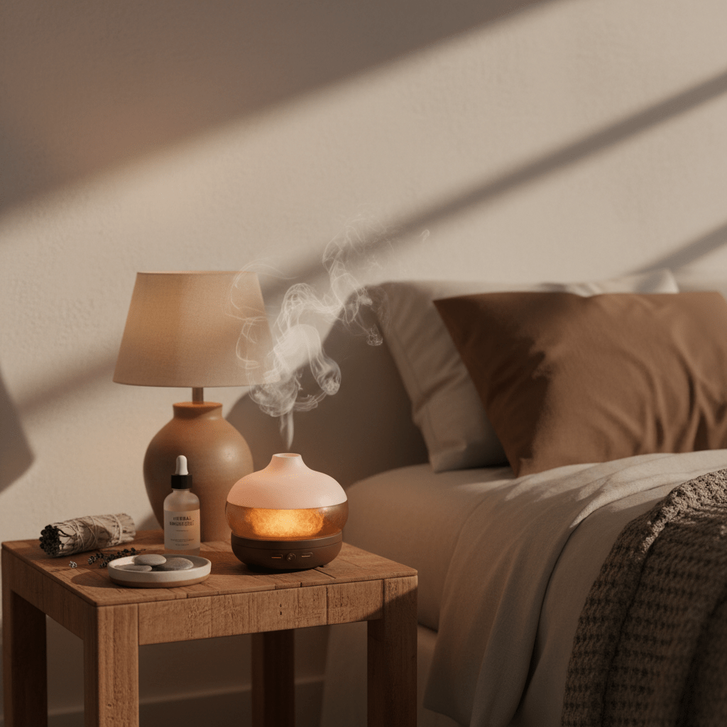 Calming bedside setup with diffuser and herbal oil for sleep ritual