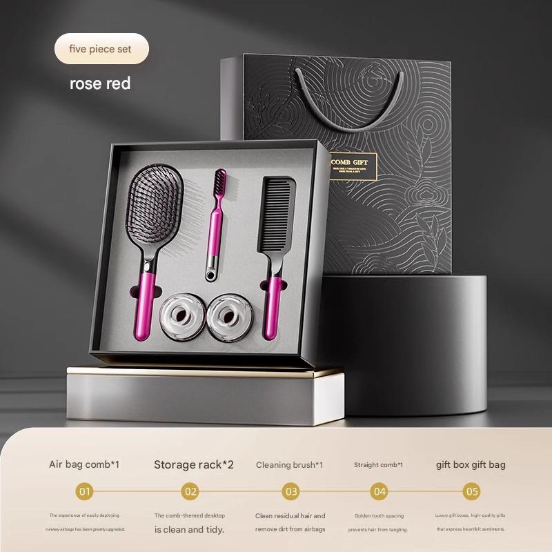 Rose Red 5-Piece Gift Box Set Premium ABS Hair Care Gift Set with Cushion Paddle Brush, Detangling Comb, Cleaning Brush & Stand - Elegant Mother’s Day or Couple’s Gift for Daily Styling and Scalp Comfort