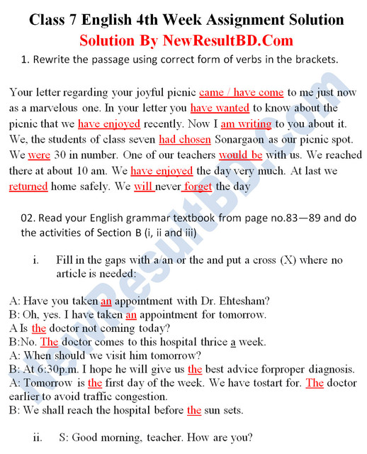 Class 7 English 4th Week Assignment Answer