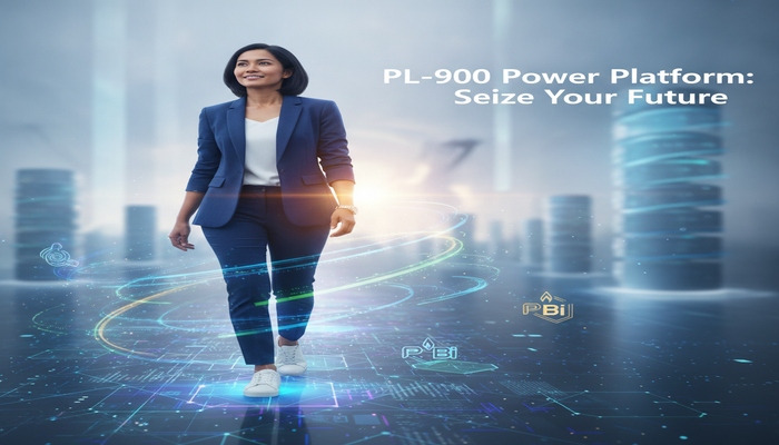 PL-900 Power Platform: Seize Your Future A professional striding confidently on a glowing digital path, looking towards a bright future, symbolizing career advancement and staying updated with PL-900 Power Platform certification. The image includes the title 'PL-900 Power Platform: Seize Your Future'.