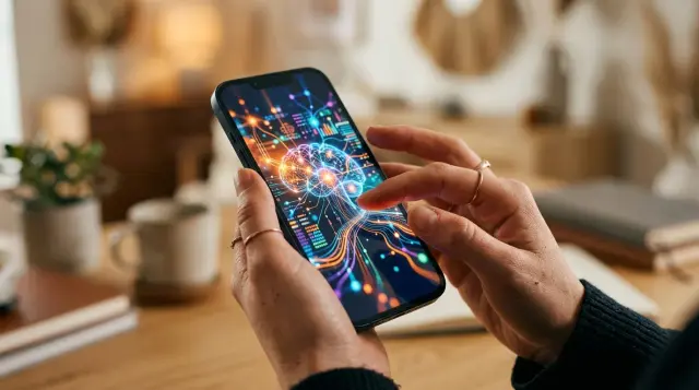 Hands holding smartphone displaying colorful AI neural network interface in warm home office