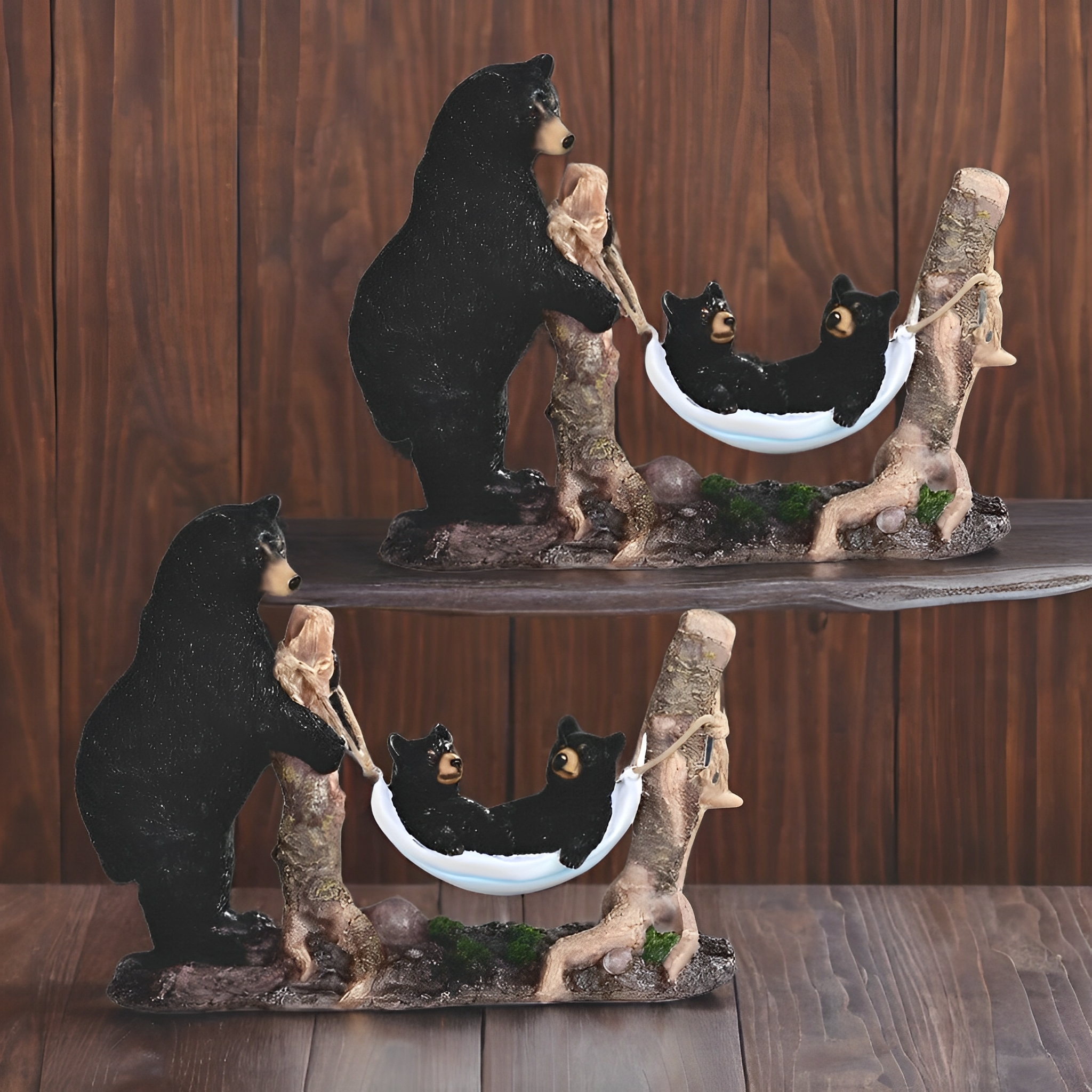 2-PC Gift Set 10.75″W Black Bear Watching Cubs in Hammock Figurine Ornament
