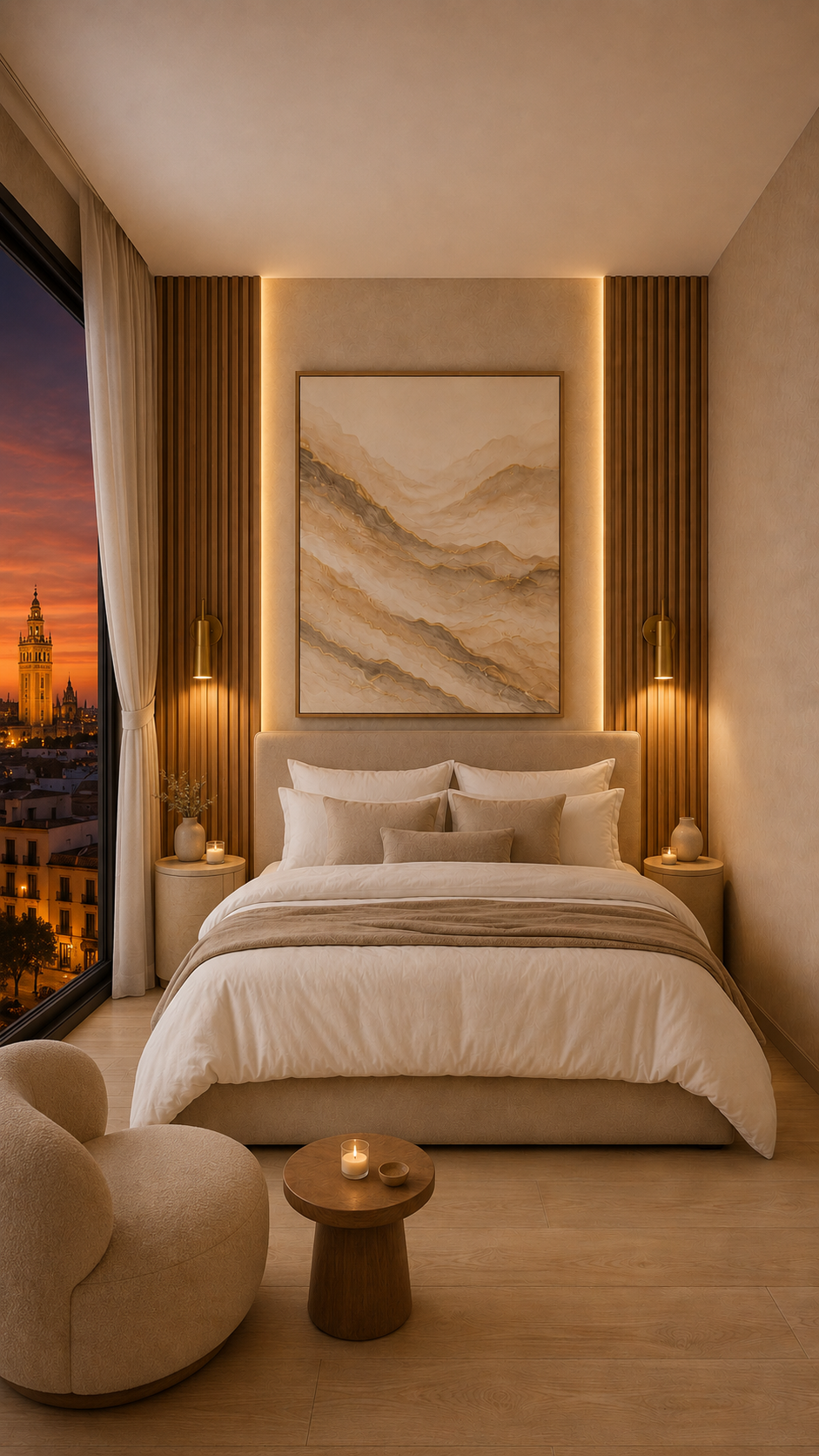 Dormitorio contemporáneo con panel de listones, apliques dorados y vistas a la Giralda de Sevilla