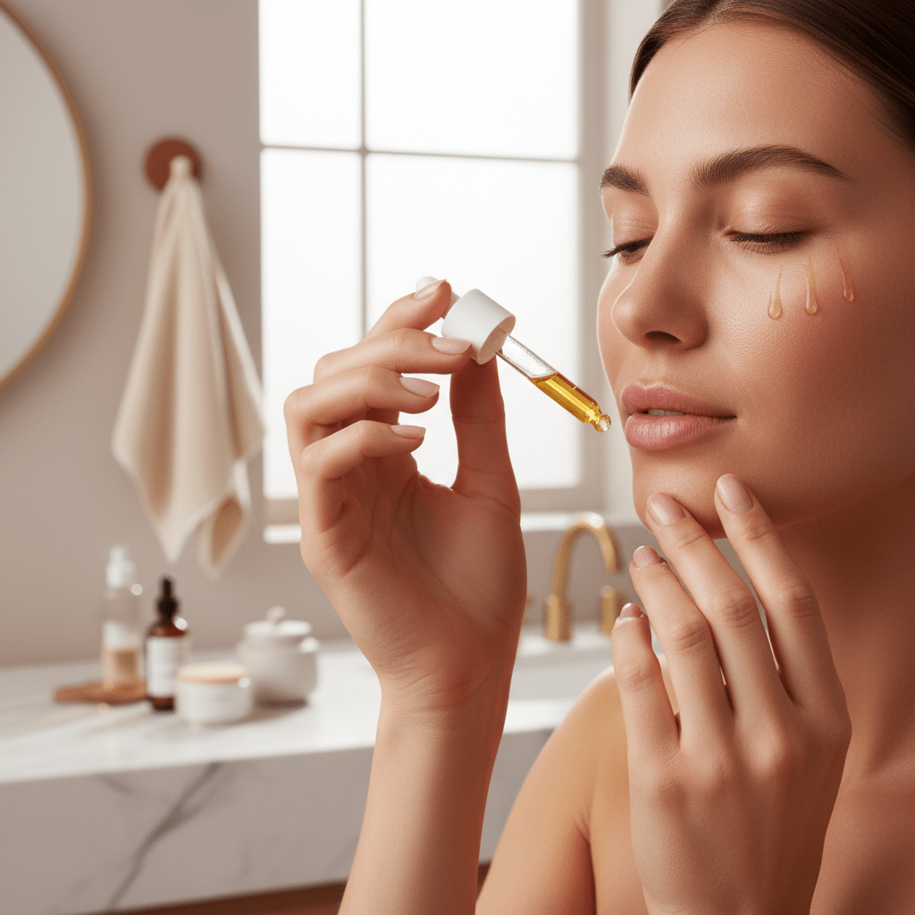 A serene face applying a few drops of facial oil with glowing skin