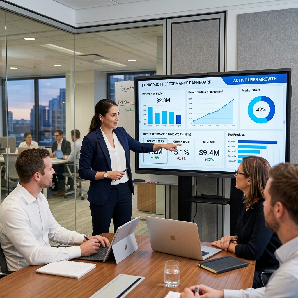 Analista de negocios examinando gráficos y KPIs de rendimiento en pantallas de alta tecnología