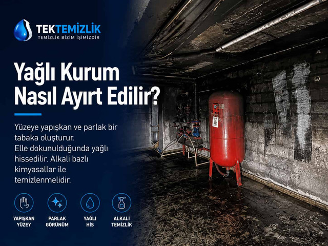 Yangın sonrası kazan dairesinde parlak ve yapışkan yağlı kurum tabakası