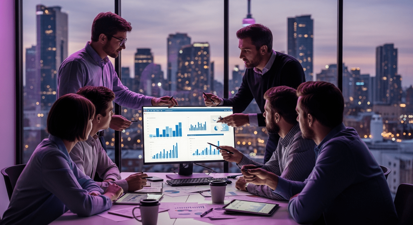 A professional marketing team in a modern Canadian office analyzing growth charts, illustrating strategic budget planning.