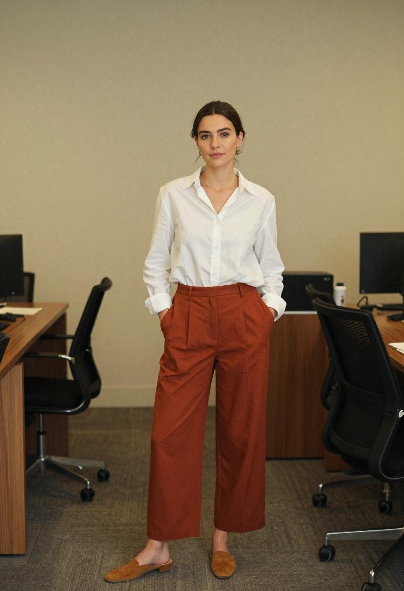 Terracotta culottes with camel mule slides for a relaxed polished office look