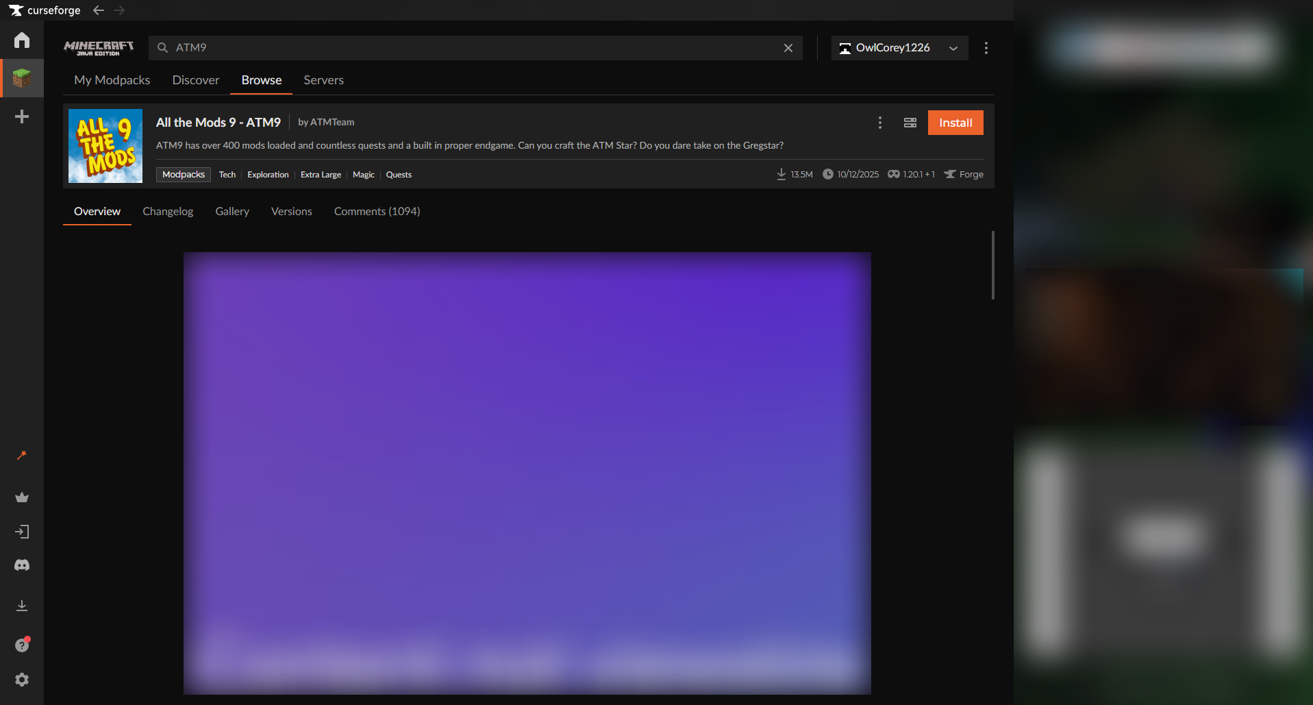 CurseForge launcher modpack search