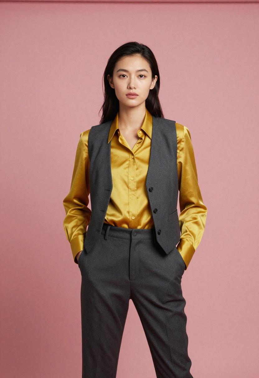 Mustard shirt under a charcoal vest for sharp polished energy against a minimal studio backdrop