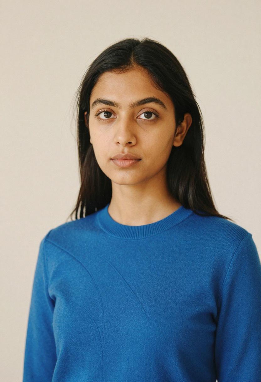 Electric blue structured knit top editorial close-up creative professional confidence