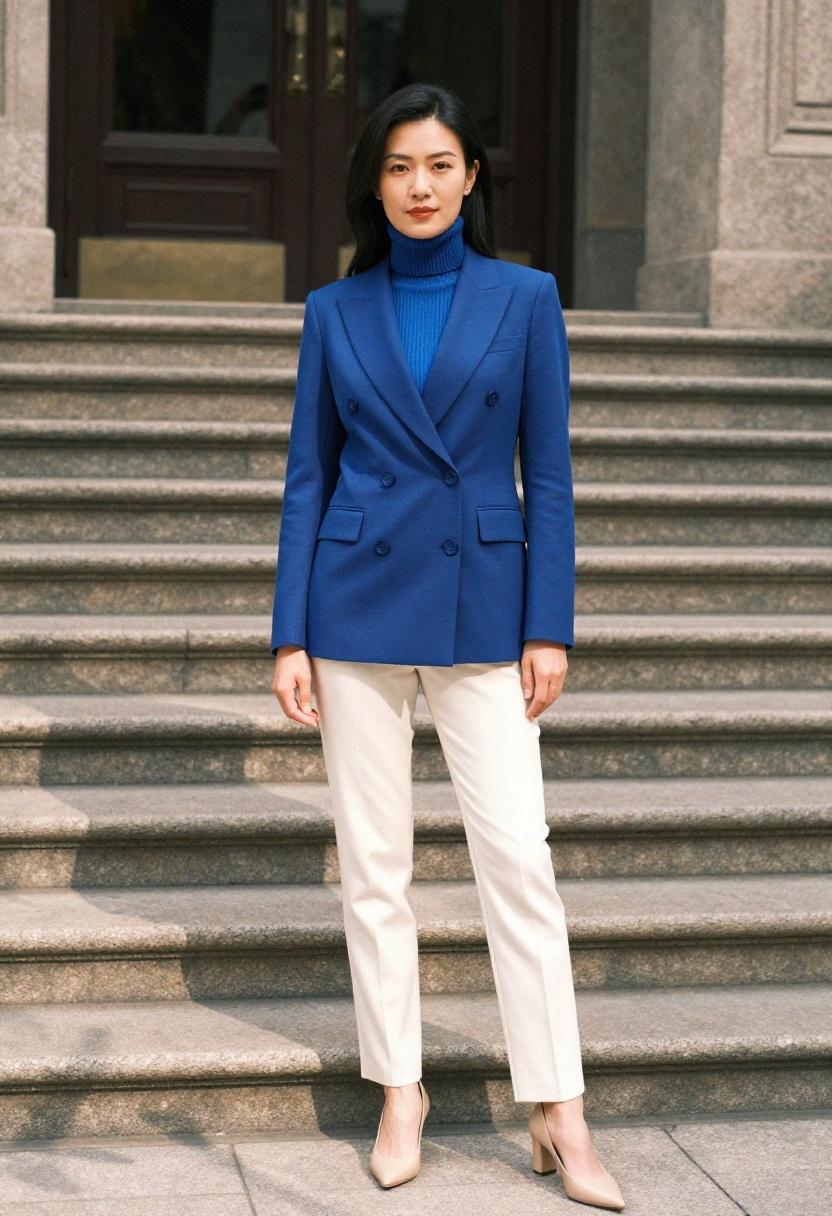 Royal blue turtleneck under a cobalt double-breasted blazer for sharp architectural elegance in spring professional style