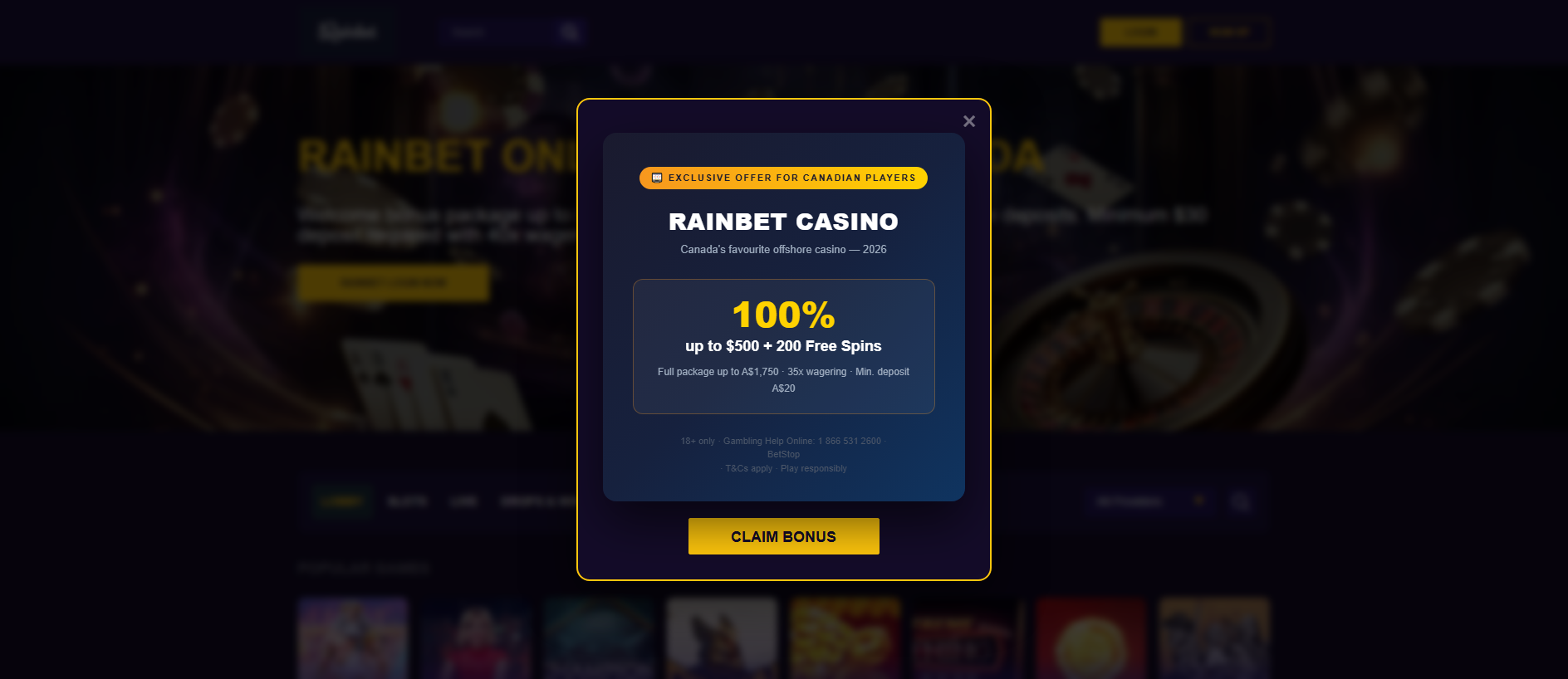 Forensic screenshot of rainbet-games.ca showing the phishing page layout