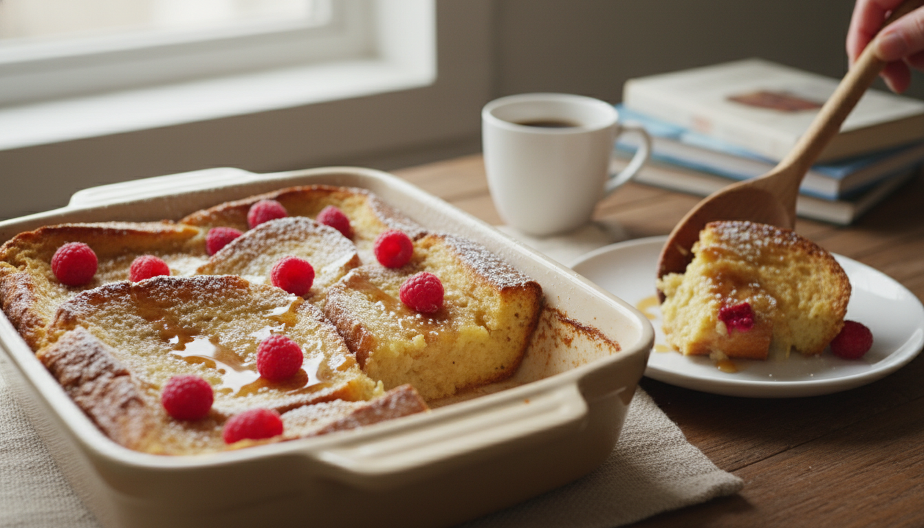 baked French toast casserole with cinnamon topping and maple syrup