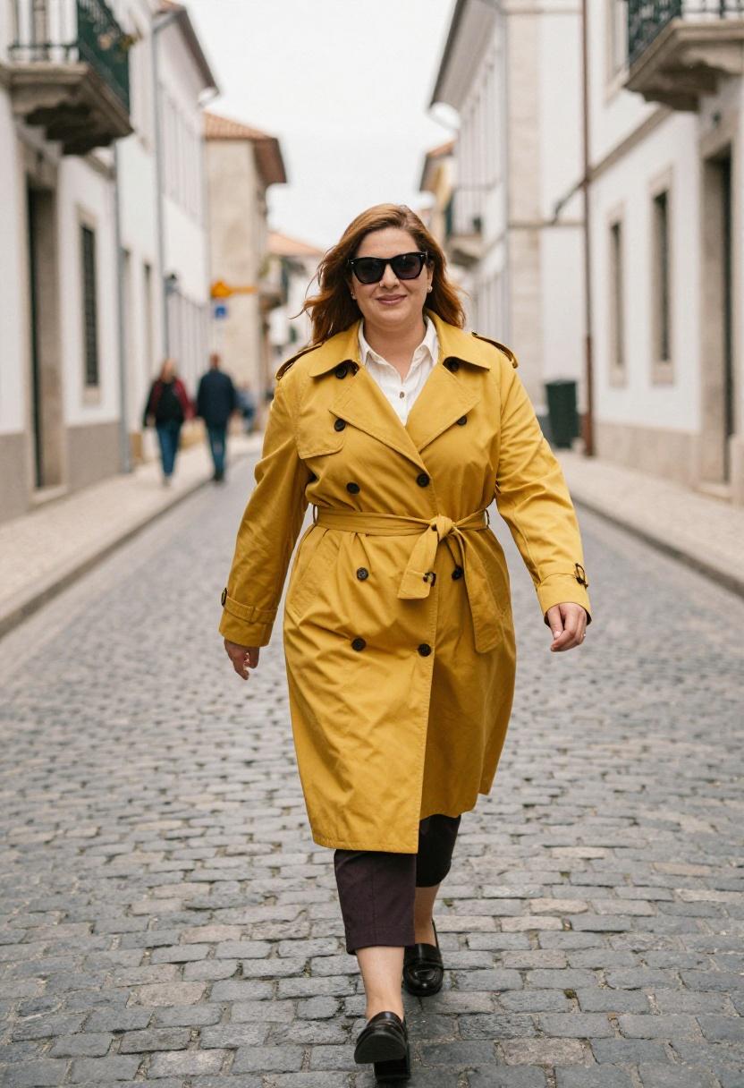 Mustard yellow trench coat sunglasses cobblestone streets European spring plus-size
